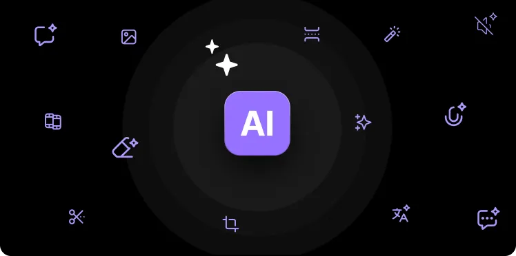 Purple AI icon in the center surrounded by various editing and effect icons on a black background.